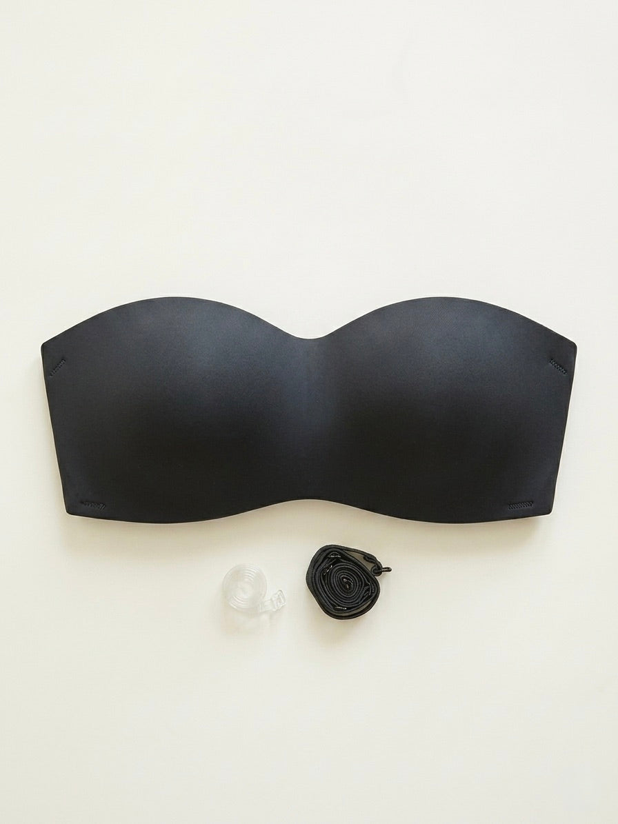 Flaty black seamless strapless bra with detachable clear and black straps included