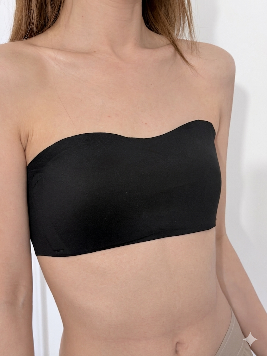 Flaty seamless strapless bra in black for AA A B cup small busts front view