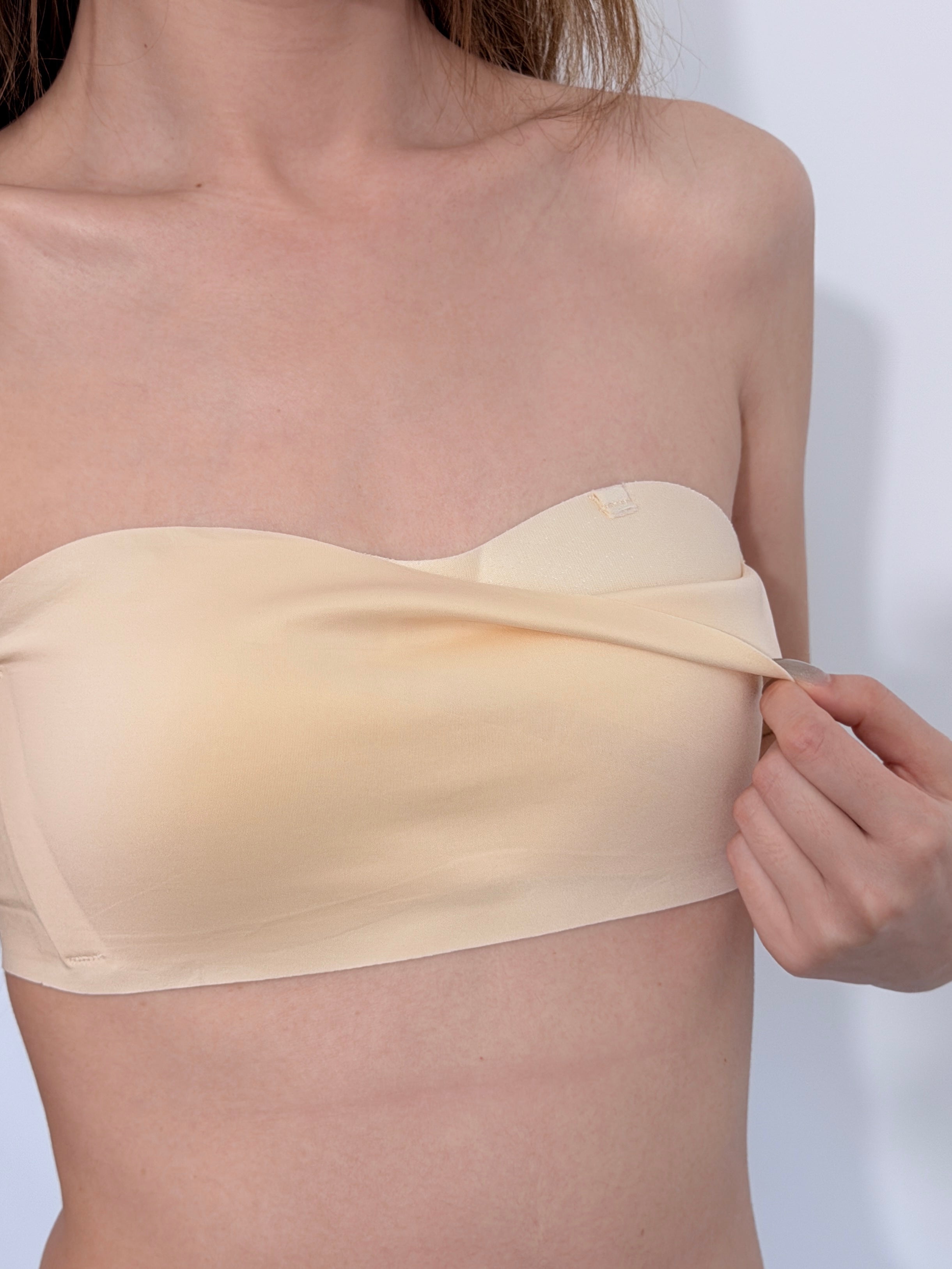 Flaty strapless bra beige double-layer seamless construction invisible under tight tops for small busts