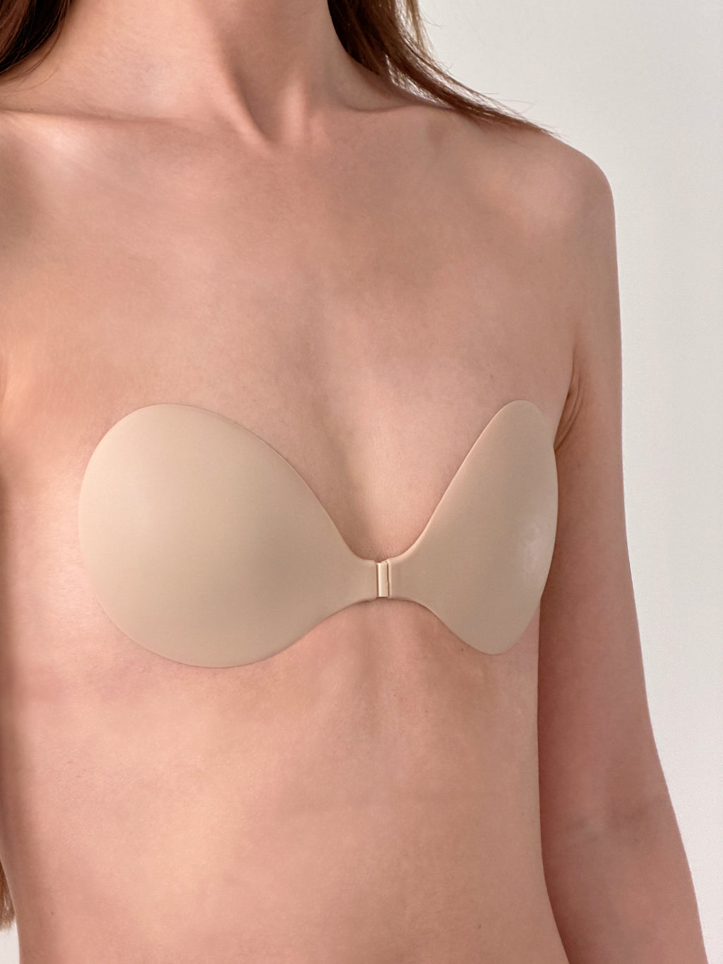 Flaty sticky bra beige side view small bust specific fit no edge lifting hypoallergenic sweat-proof backless outfit AA cup